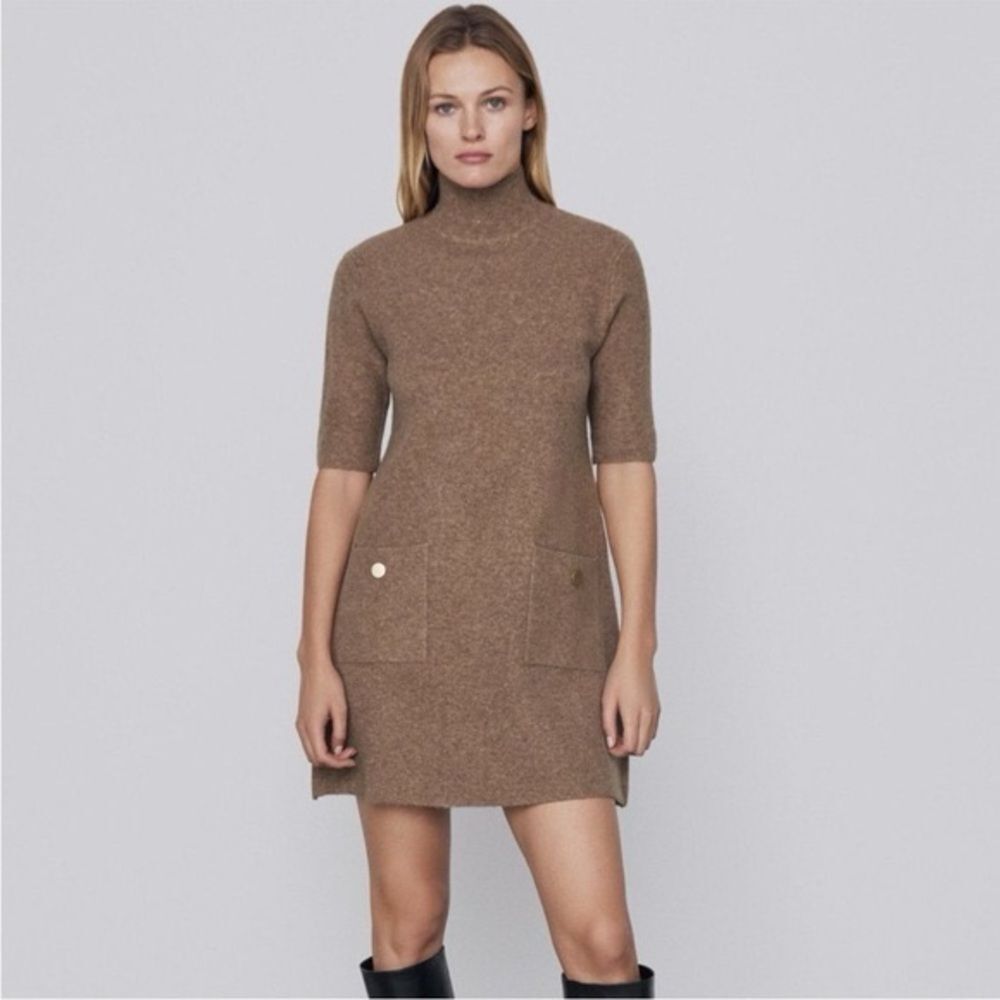 ZARA Women's Tan Knit Pocket Mini Dress Size M EUC